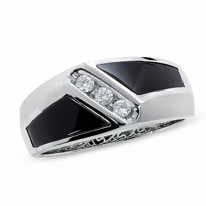 Main Image 1 of 1/7 CT. T.W. Square-Cut Diamond Three Stone and Onyx Slant Ring in 14K White Gold