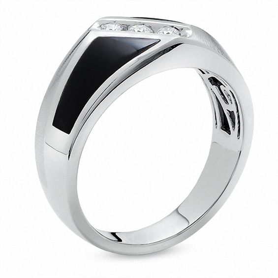 1/7 CT. T.w. Square-Cut Diamond Three Stone and Onyx Slant Ring in 14K White Gold
