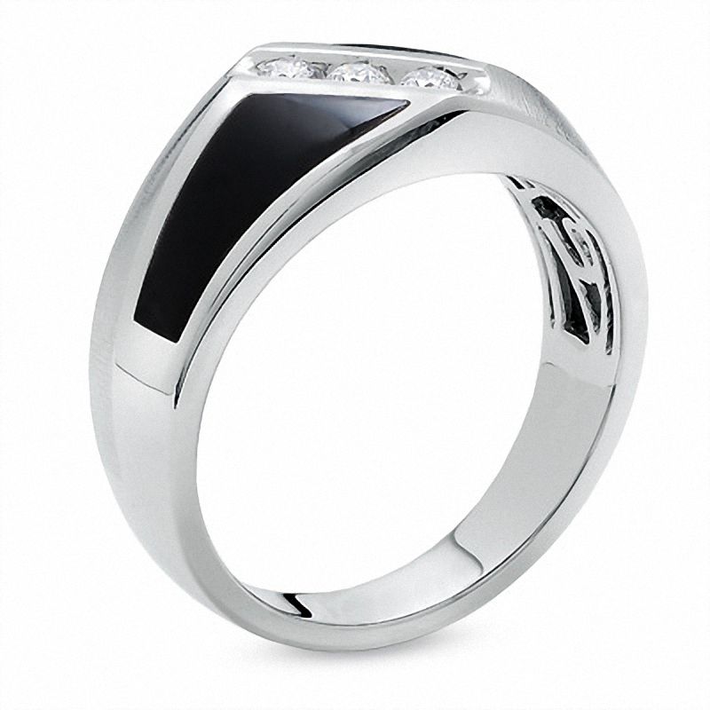 Main Image 2 of 1/7 CT. T.W. Square-Cut Diamond Three Stone and Onyx Slant Ring in 14K White Gold