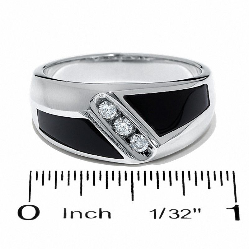 Main Image 3 of 1/7 CT. T.W. Square-Cut Diamond Three Stone and Onyx Slant Ring in 14K White Gold