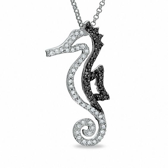 1/5 CT. T.w. Enhanced Black and White Diamond Seahorse Pendant in 10K White Gold