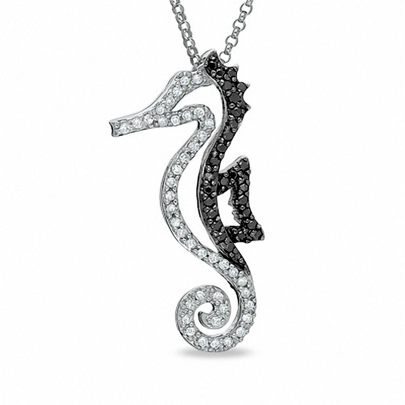 Main Image 1 of 1/5 CT. T.W. Enhanced Black and White Diamond Seahorse Pendant in 10K White Gold