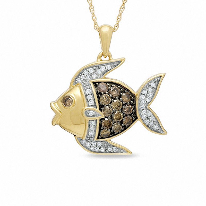 Main Image 1 of 1/2 CT. T.W. Champagne and White Diamond Fish Pendant in 10K Gold