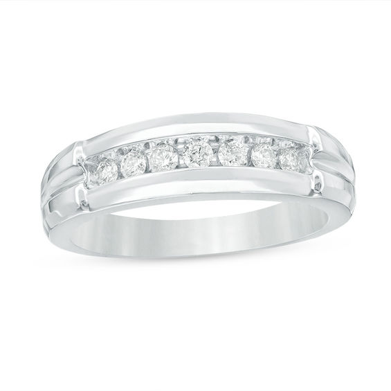 3/4 CT. T.w. Quad Diamond Comfort Fit Wedding Ensemble in 14K White Gold - Size 7 and 10.5