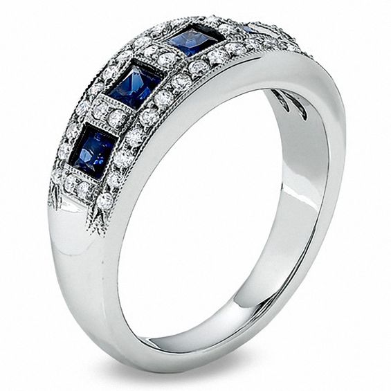 1/3 CT. T.w. Diamond and Princess-Cut Blue Sapphire Anniversary Band in 14K White Gold