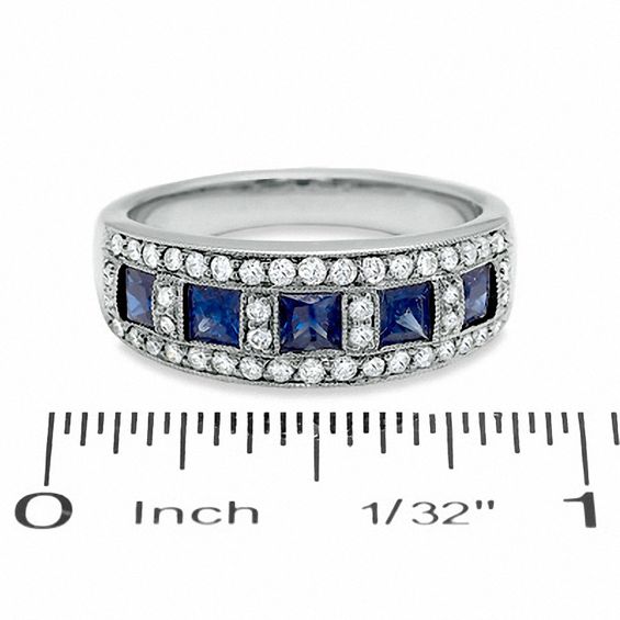 1/3 CT. T.w. Diamond and Princess-Cut Blue Sapphire Anniversary Band in 14K White Gold