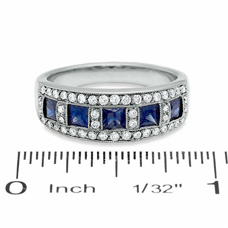 Main Image 3 of 1/3 CT. T.W. Diamond and Princess-Cut Blue Sapphire Anniversary Band in 14K White Gold