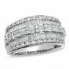 Thumbnail Image 0 of 1 CT. T.W. Baguette and Round Diamond Three Row Ring in 10K White Gold
