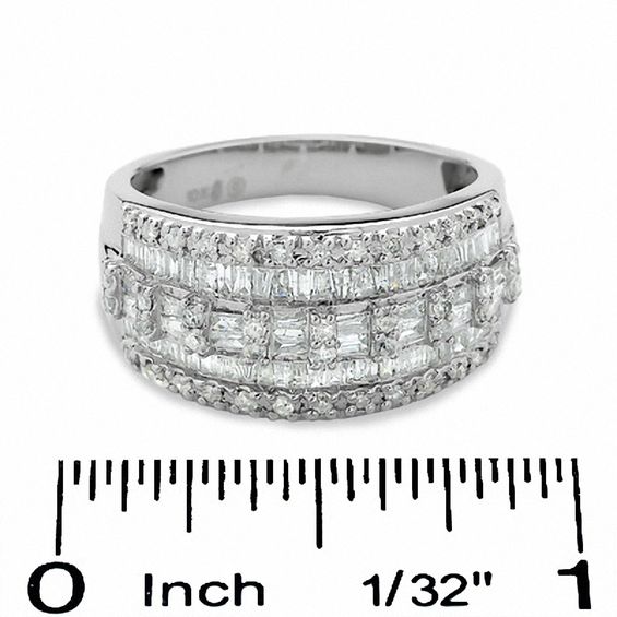 1 CT. T.w. Baguette and Round Diamond Three Row Ring in 10K White Gold