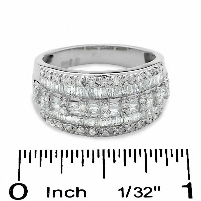 1 CT. T.W. Baguette and Round Diamond Three Row Ring in 10K White Gold