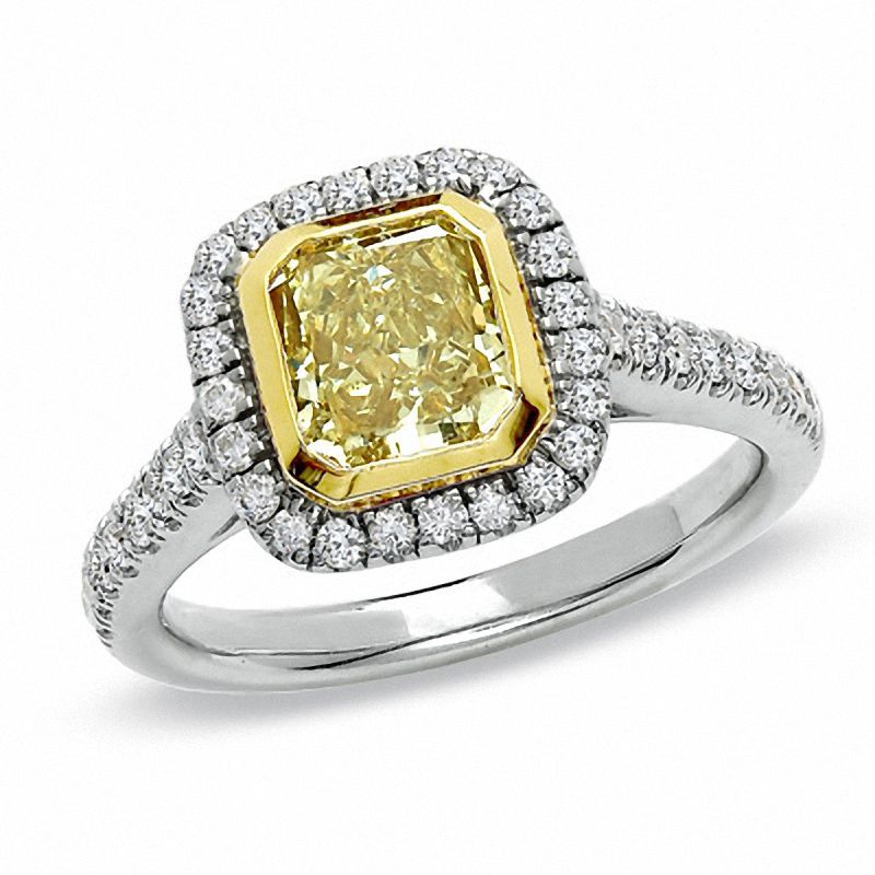 Main Image 1 of 1-1/2 CT. T.W. Certified Cushion-Cut Fancy Yellow Diamond Ring in 18K Two-Tone Gold