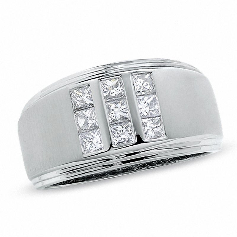 Men's 3/4 CT. T.W. Square-Cut Diamond Three Row Satin Ring in 14K White Gold