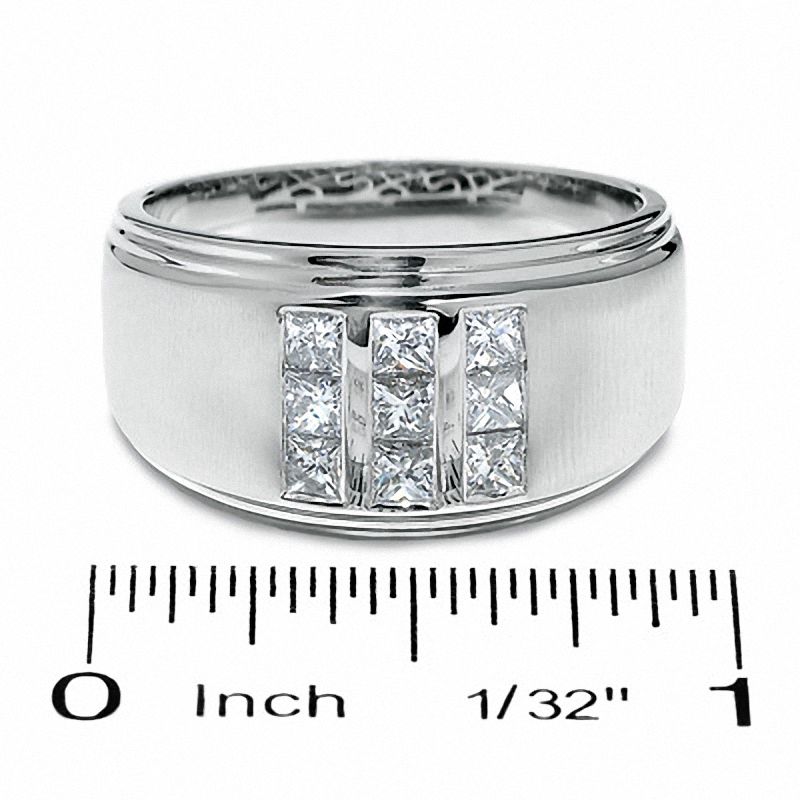 Men's 3/4 CT. T.W. Square-Cut Diamond Three Row Satin Ring in 14K White Gold