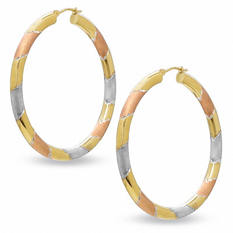 Main Image 1 of Striped Hoop Earrings in Sterling Silver and 14K Tri-Tone Gold