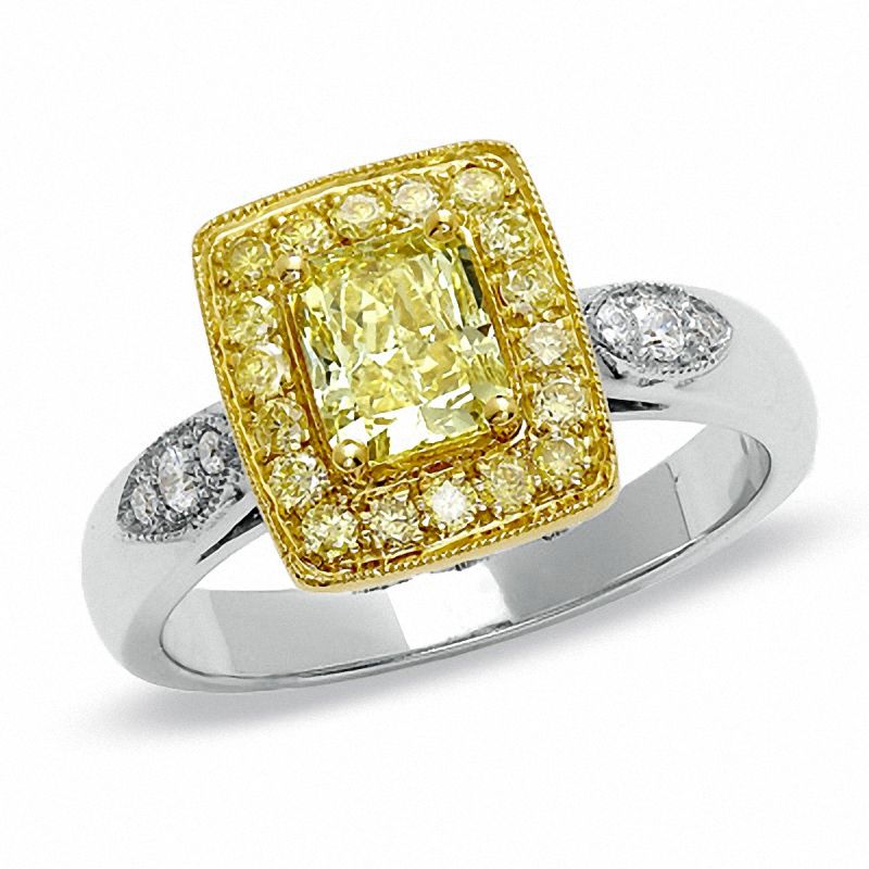 Main Image 1 of 1-1/3 CT. T.W. Certified Cushion-Cut Fancy Yellow Diamond Framed Ring in 18K White Gold