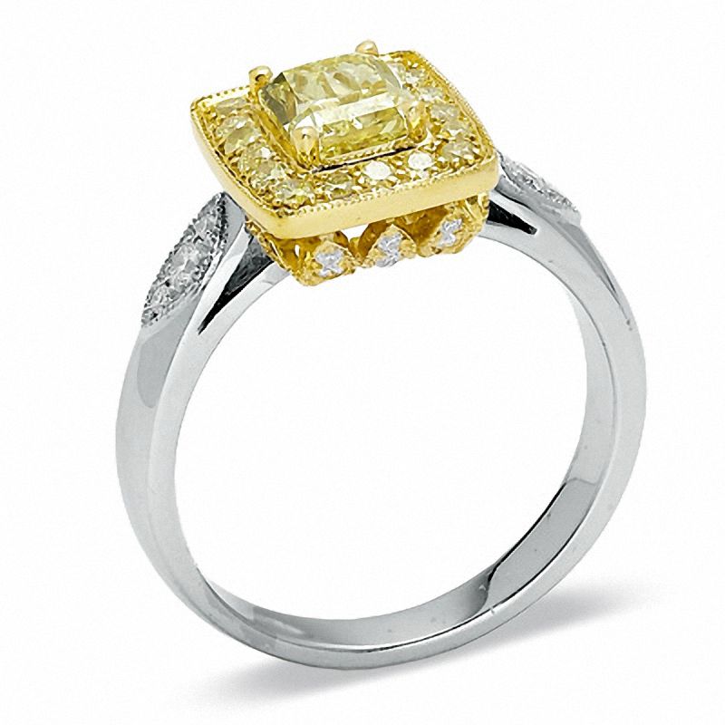 Main Image 2 of 1-1/3 CT. T.W. Certified Cushion-Cut Fancy Yellow Diamond Framed Ring in 18K White Gold
