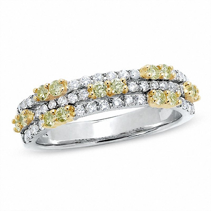 Main Image 1 of 3/4 CT. T.W. Enhanced Yellow and White Diamond Three Row Band in 14K White Gold