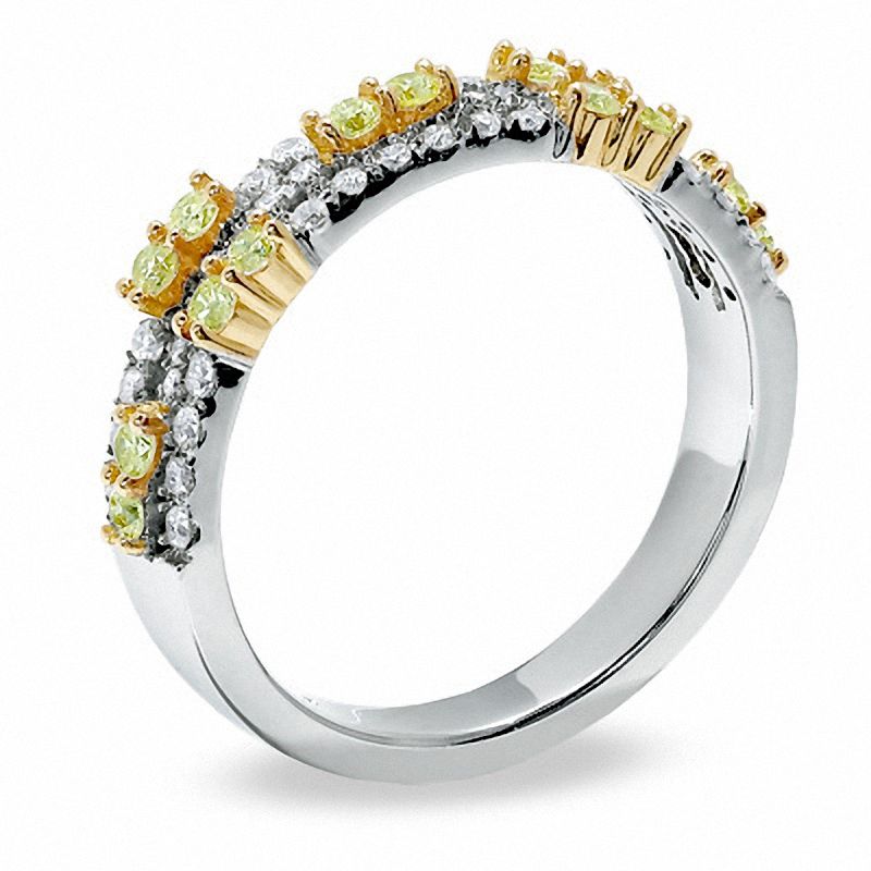 Main Image 2 of 3/4 CT. T.W. Enhanced Yellow and White Diamond Three Row Band in 14K White Gold