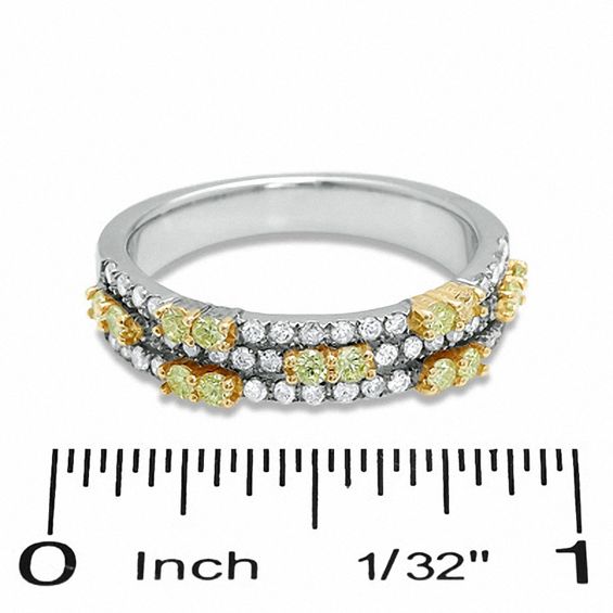 3/4 CT. T.w. Enhanced Yellow and White Diamond Three Row Band in 14K White Gold