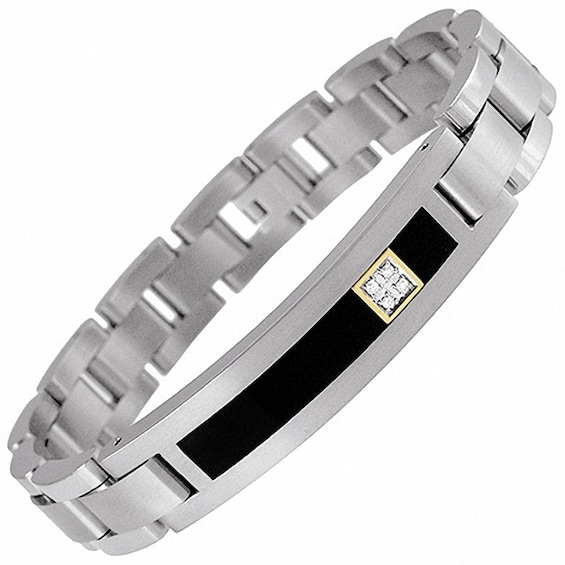 Onyx and Diamond ID Bracelet in Titanium and 14K Gold - 8.5"
