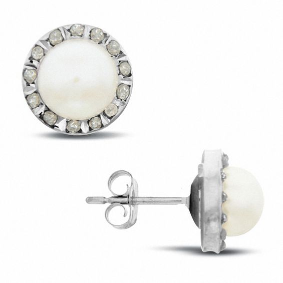 Diamond Fascinationâ¢ Freshwater Cultured Pearl Stud Earrings in 14K White Gold