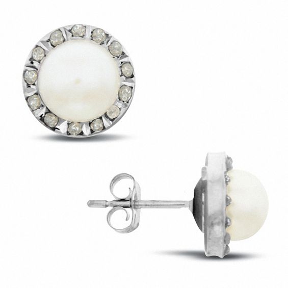 Diamond Fascinationâ¢ Cultured Freshwater Pearl Stud Earrings in 14K White Gold