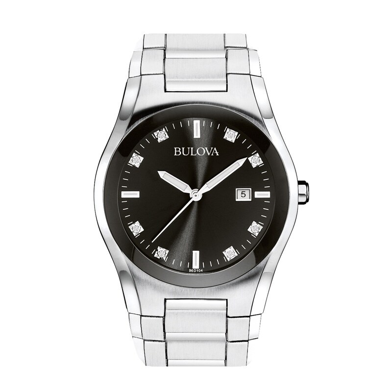 Main Image 1 of Men's Bulova Diamond Accent Watch with Black Dial (Model: 96D104)