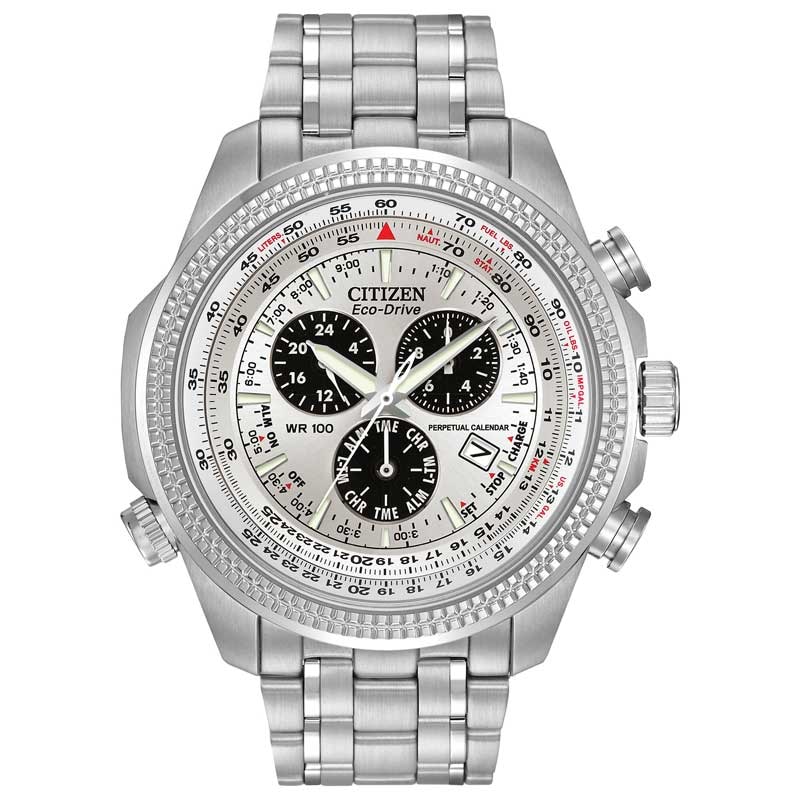Men's Citizen Eco-Drive® Perpetual Calendar Chronograph Stainless Steel Watch (Model: BL5400-52A)