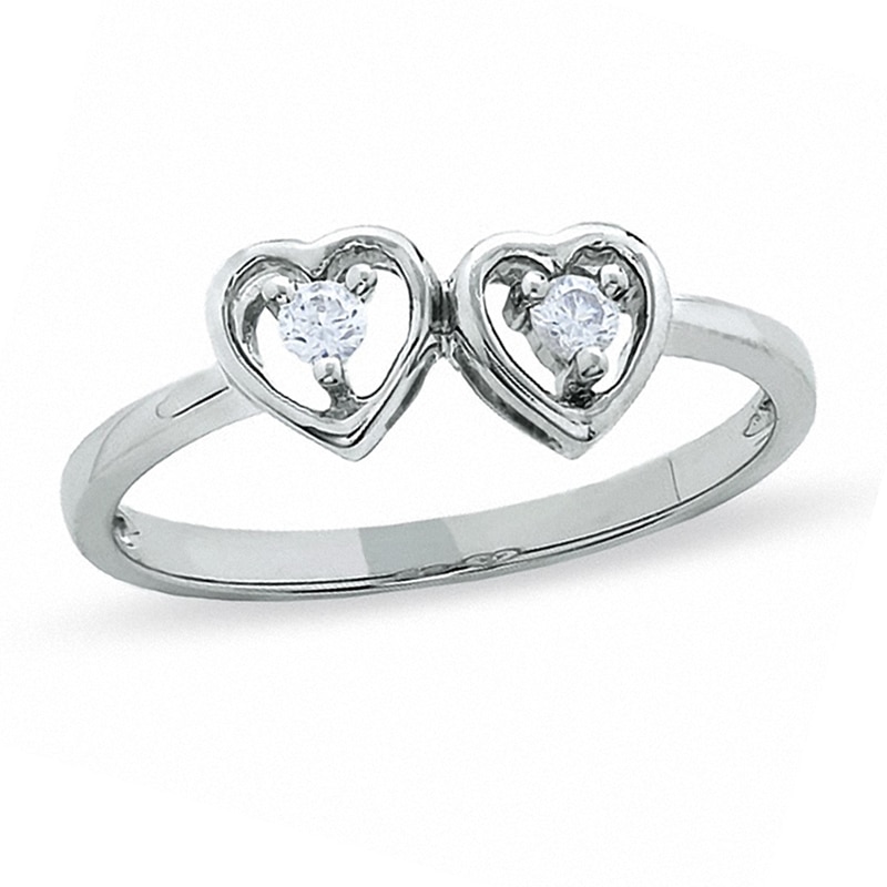 Main Image 1 of 1/15 CT. T.W. Diamond Double Heart Promise Ring in 10K White Gold