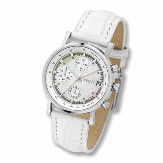 Ladies' Dkny Chronograph White Leather Strap Watch with Mother-of-Pearl Dial (Model: Ny4528)