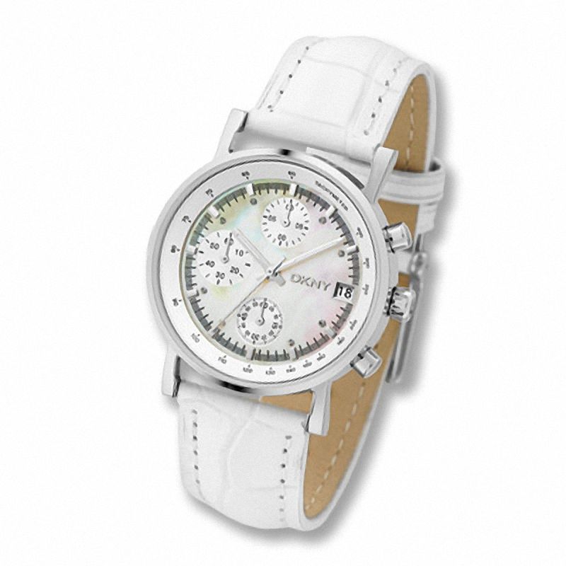 Ladies' DKNY Chronograph White Leather Strap Watch with Mother-of-Pearl Dial (Model: NY4528)