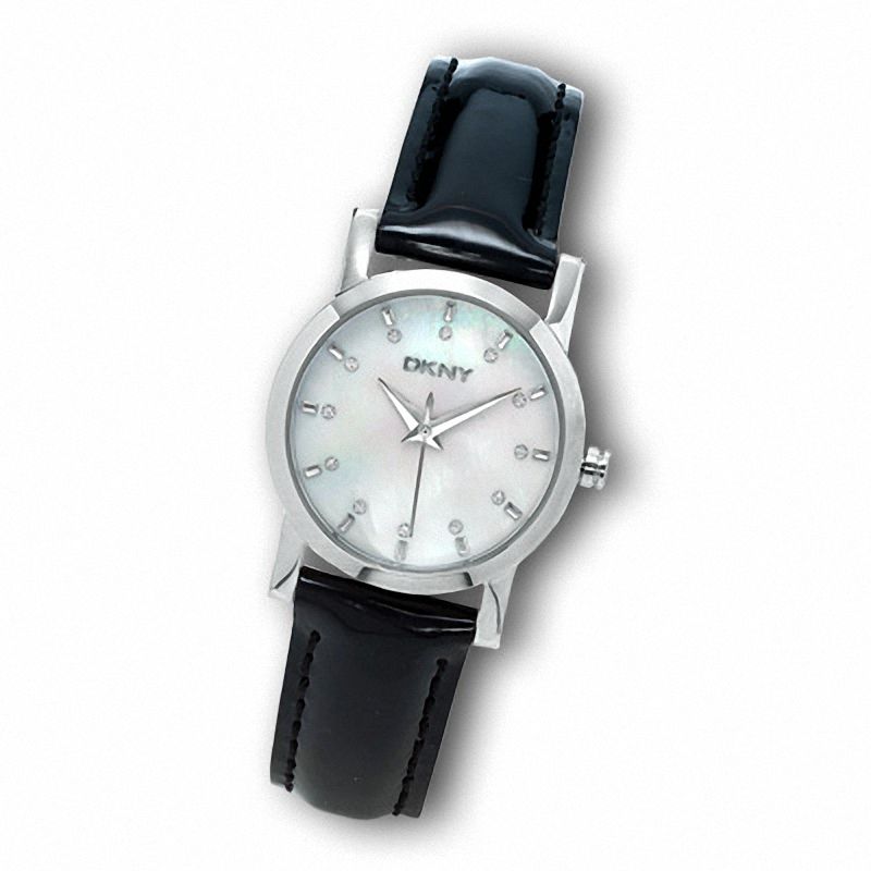 Ladies' DKNY Mother-of-Pearl Dial Watch with Black Leather Strap (Model: NY4768)