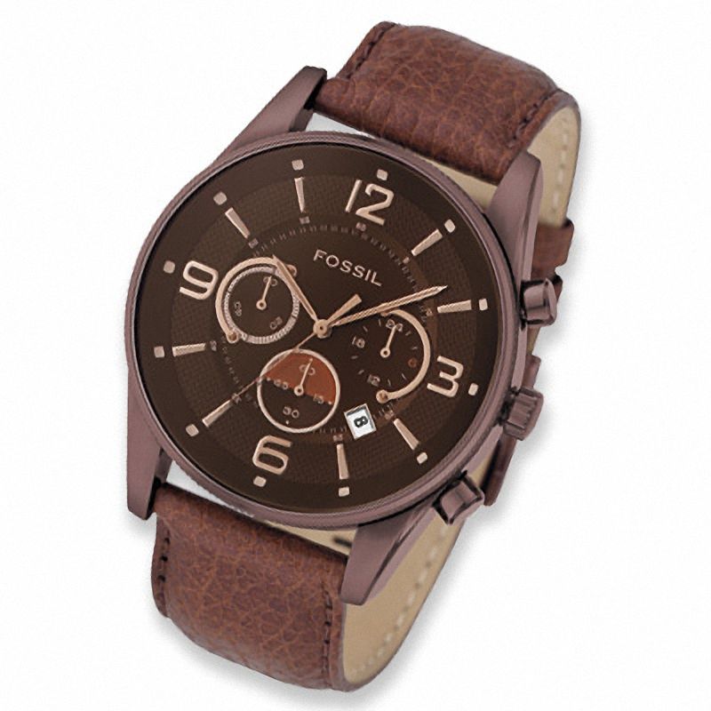 Main Image 1 of Men's Fossil Chronograph Rose-Tone Strap Watch with Brown Dial (Model: FS4386)