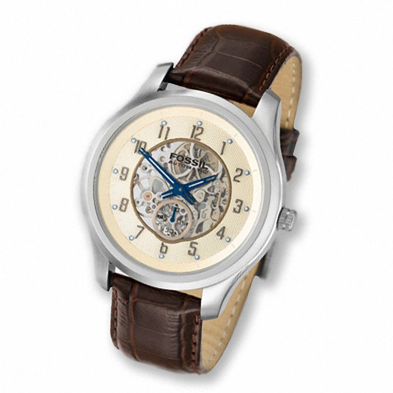 Main Image 1 of Men's Fossil Automatic Strap Watch with Skeleton Khaki Dial (Model: ME3013)