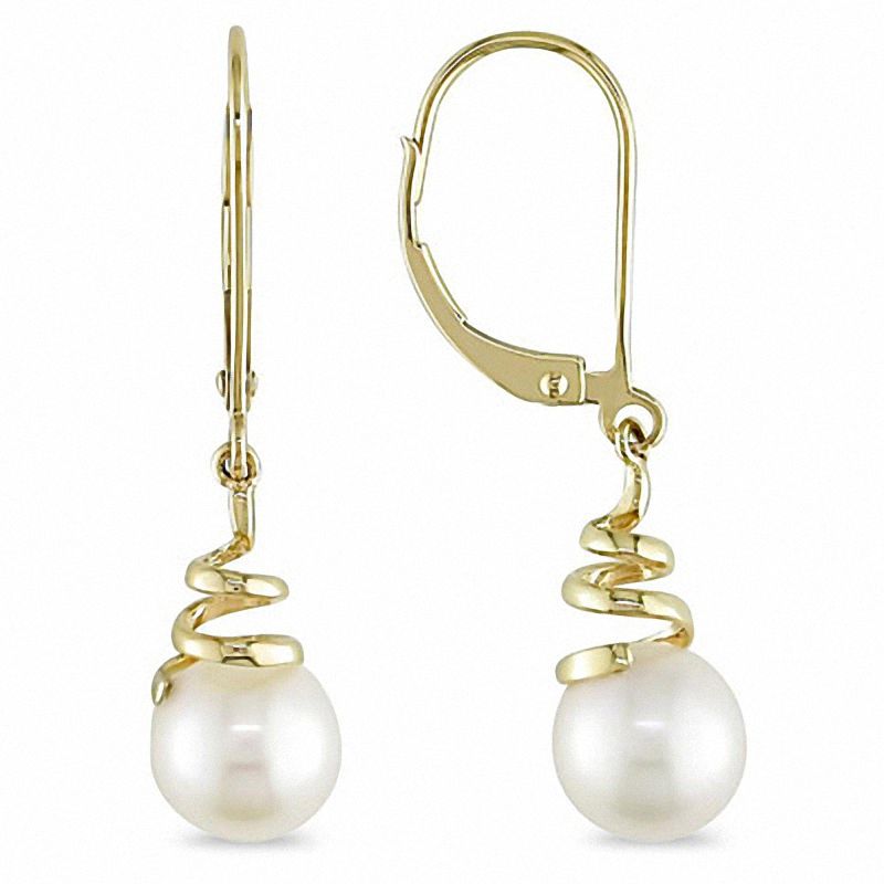 Main Image 1 of 6.0-6.5mm Freshwater Cultured Pearl Coil Drop Earrings in 10K Gold