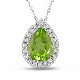 Pear-Shaped Peridot and 1/5 CT. T.W. Diamond Pendant in 14K White Gold - 17&quot;