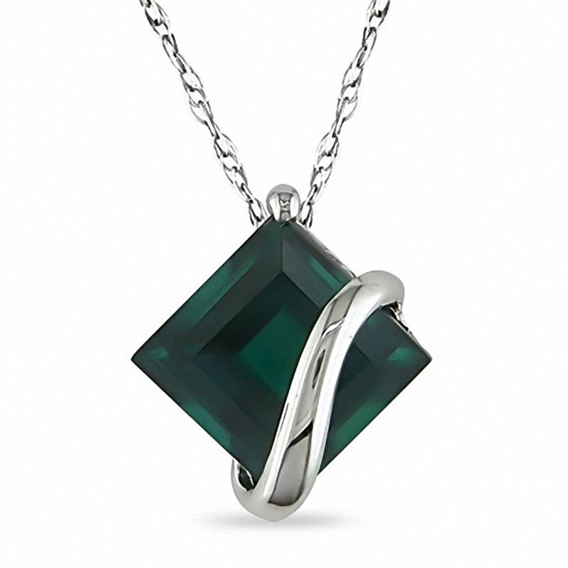 Main Image 1 of Princess-Cut Lab-Created Emerald Overlay Pendant in 10K White Gold - 17"
