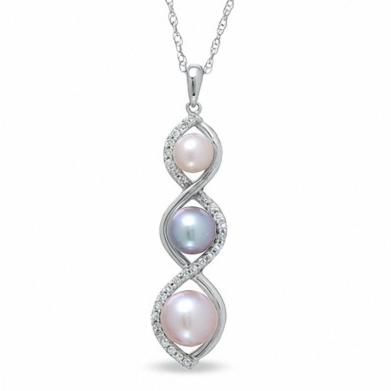 Main Image 1 of Pink and Grey Freshwater Cultured Pearl Twist Pendant in 10K White Gold with Diamond Accents