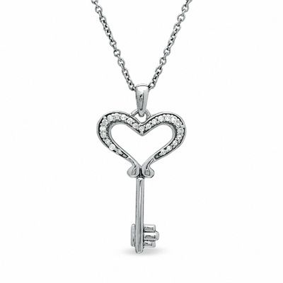 Sterling Silver Womens Round Diamond Heart Key Love Pendant 1/20 Cttw 