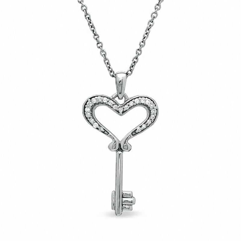 Main Image 1 of 1/20 CT. T.W. Diamond Small Heart Key Pendant in Sterling Silver
