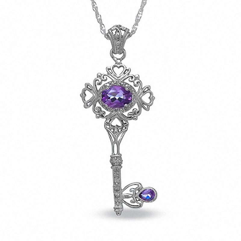 Main Image 1 of Amethyst Vintage-Style Key Pendant in Sterling Silver with Diamond Accents