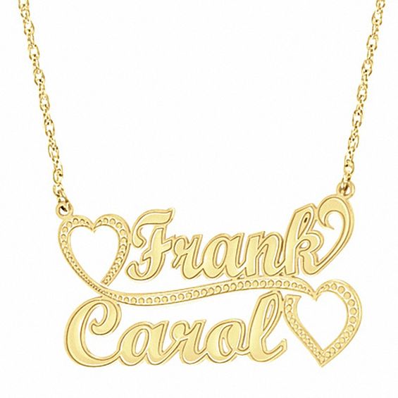 couple s name necklace with heart design in 10k gold 2 names