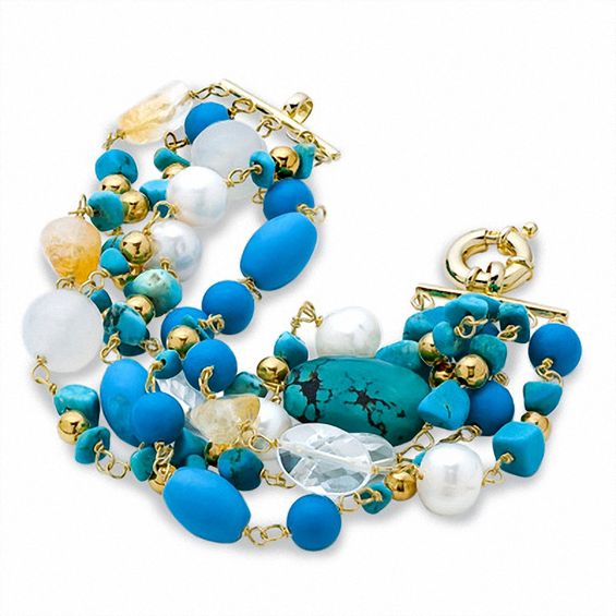 Multi-Gemstone Five-Strand Bracelet in Sterling Silver and 14K Gold Plate - 8.75"