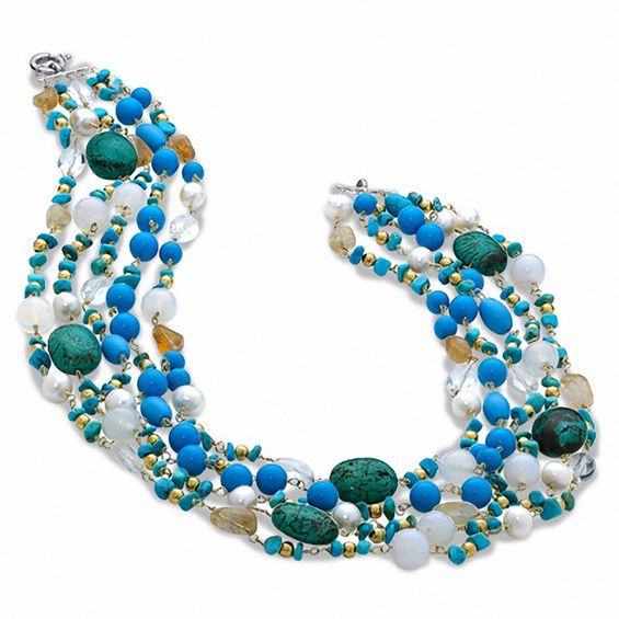 Turquoise, Citrine and Pearl Five-Strand Necklace in Sterling Silver and 14K Gold Plating