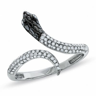 Black Natural Diamond Anniversary Snake Ring in14k Gold Over Sterling Silver