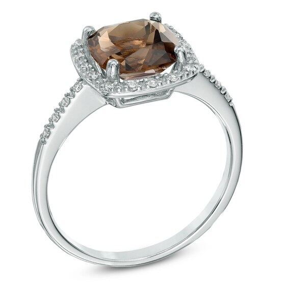Cushion-Cut Smoky Quartz Ring in 14K White Gold with Diamond Accents