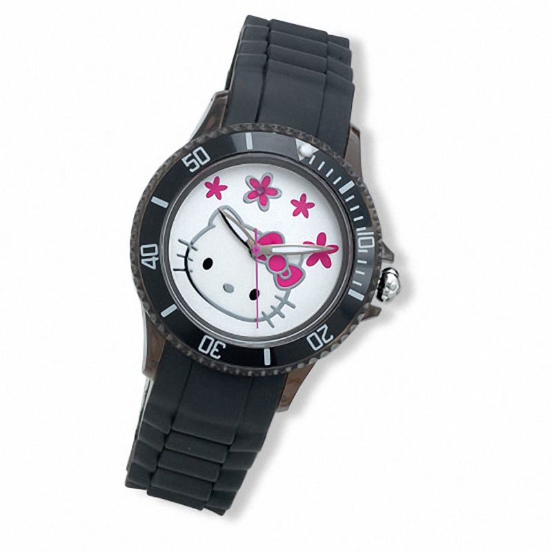 Main Image 1 of Hello Kitty® Black Strap Watch with Pink Sapphire White Dial (Model: HWL1155BLACK)