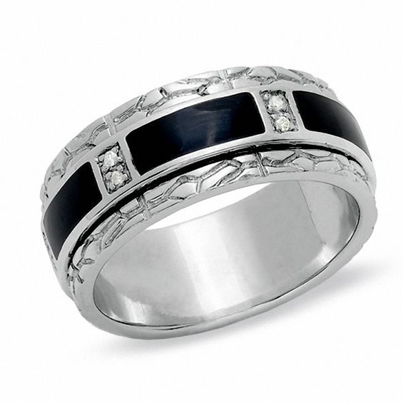 Black Enamel Inlay Sterling Silver Spinner Band with Diamond Accents
