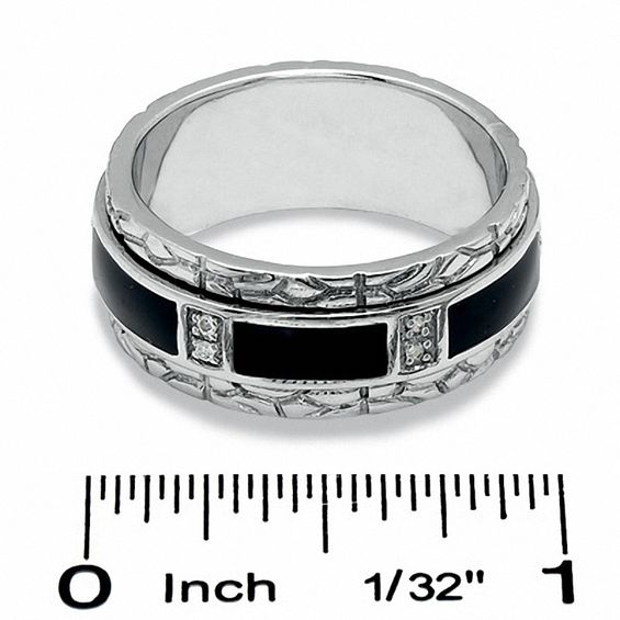 Black Enamel Inlay Sterling Silver Spinner Band with Diamond Accents