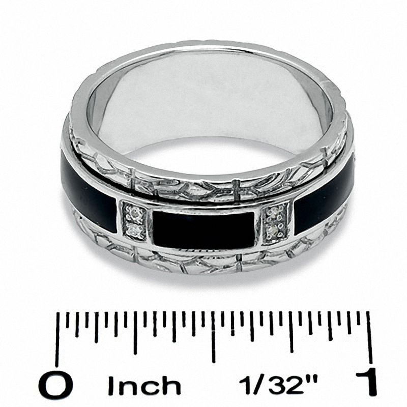 Men's Black Enamel Inlay Sterling Silver Spinner Band with Diamond Accents